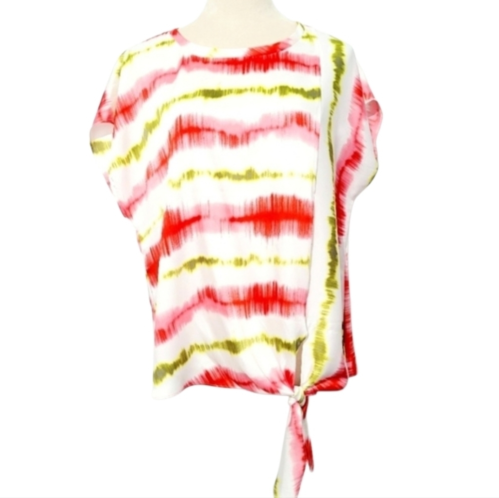 DKNY Tie Front Blouse Top Women’s M Red Green Abstract Stripe Short Sleeve - Picture 2 of 11